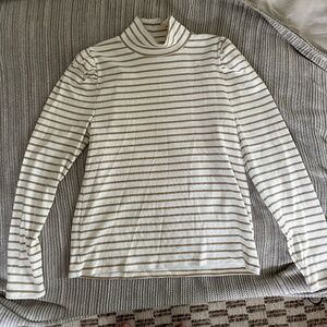 J. Crew Factory Puff-sleeve sparkle stripe turtleneck in Cream and Gold Size XL